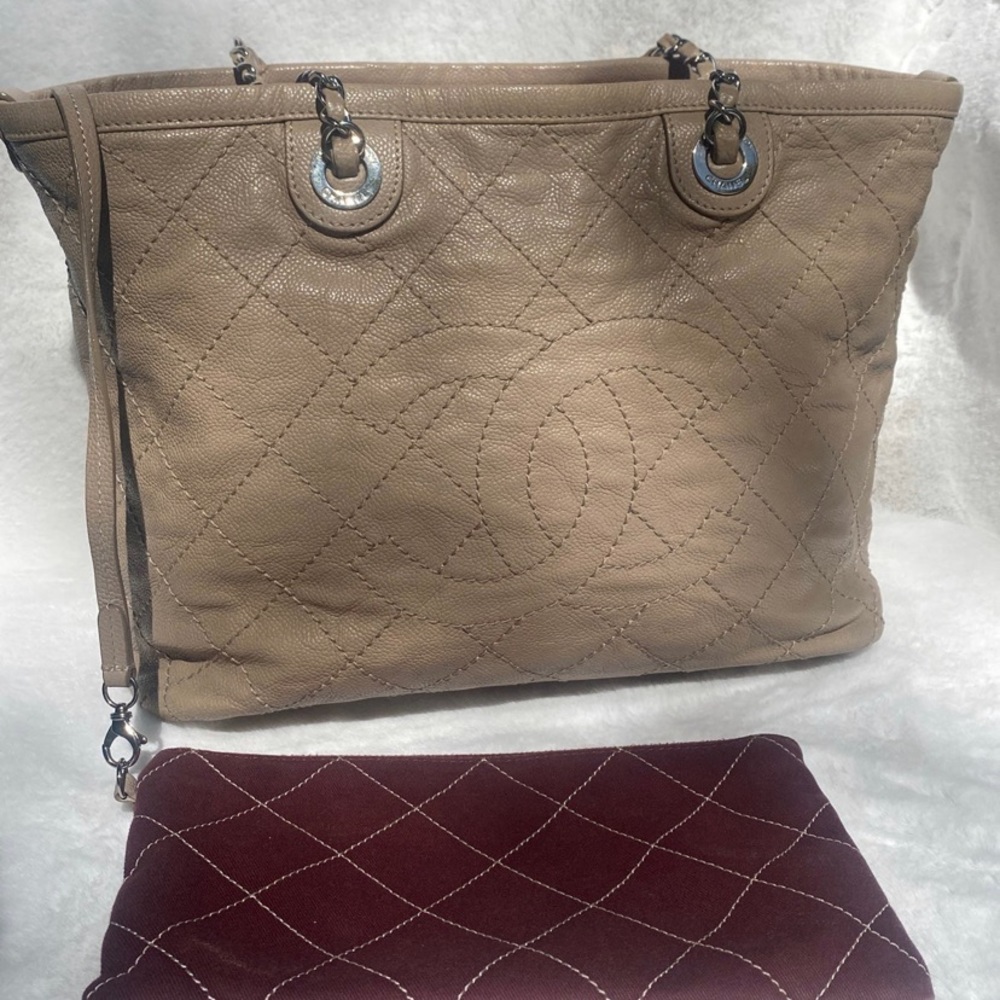 CHANEL Matelasse wild stitch Chain Tote Bag Caviar Skin Beige CC